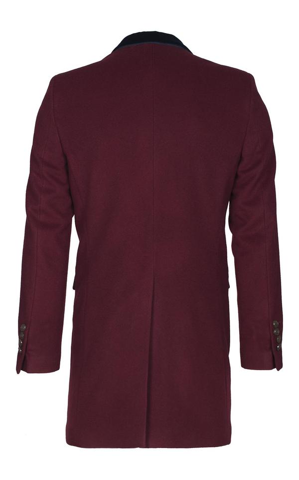LONG COAT BURGUNDY CONTRAST COLAR NAVY VELVET