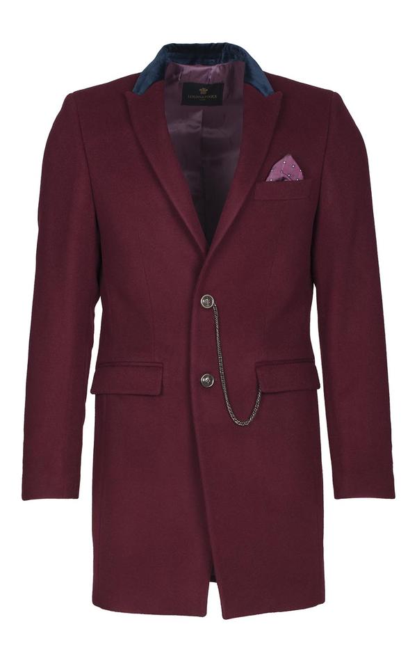 LONG COAT BURGUNDY CONTRAST COLAR NAVY VELVET